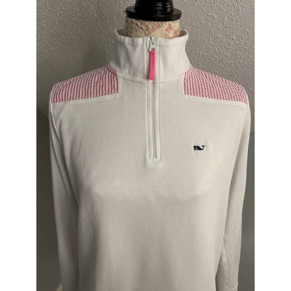 EUC Womens Vineyard Vines White Pink Seersucker Shep 1/4 Zip Shoulder Medium - Picture 2 of 8